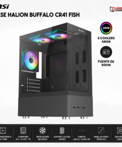 CASE HALION BUFFALO CR41 FISH TANK VIDRIO TEMPLADO 3FAN ARGB C/FUENTE 500W GAMING BLACK