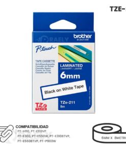 CINTA BROTHER TZE-211 BLACK ON WHITE 1/4 ( 6MM)