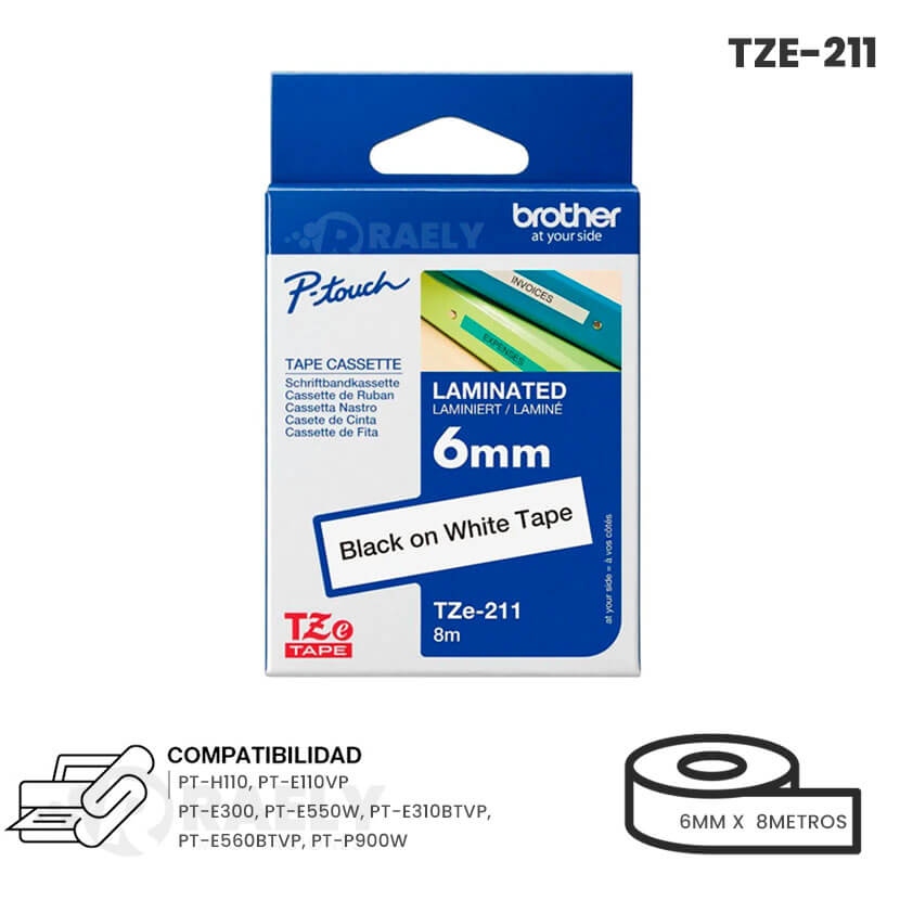 CINTA BROTHER TZE-211 BLACK ON WHITE 1/4 ( 6MM)