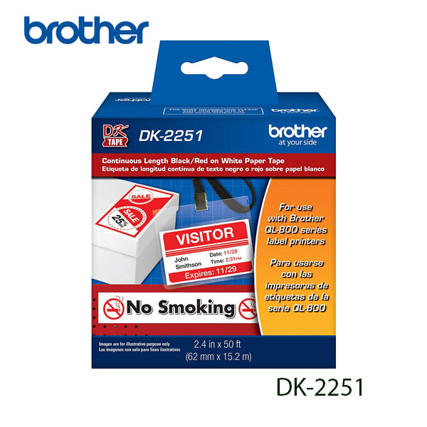 PAPEL ETIQUETA BROTHER DK-2251 FONDO BLANCO LETRA ROJO/NEGRO 62MM X 15.2M ROLLO CONTINUO