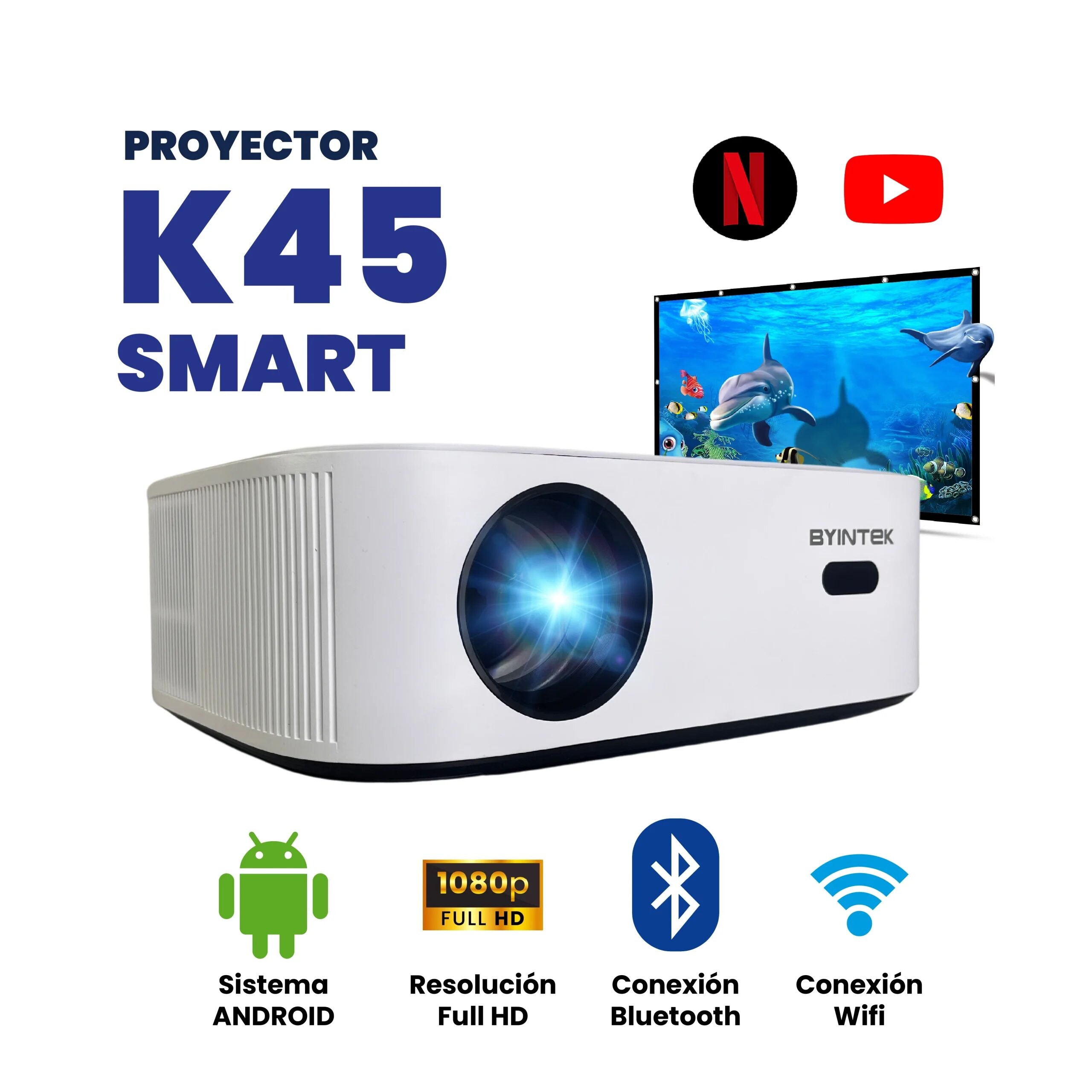 PROYECTOR BYINTEK K45 SMART, 3500 LÚMENES, FULL HD (1080P) 1920X1080, HDMI, USB, WIFI, BLUETOOTH