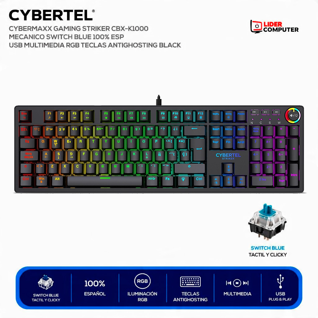 TECLADO CYBERTEL CYBERMAXX GAMING STRIKER CBX-K1000 (MECANICO SWITCH BLUE 100% ESP) USB MULTIMEDIA RGB TECLAS ANTIGHOSTING BLACK