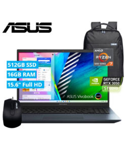 LAPTOP ASUS VIVOBOOK PRO 15 M3500QC-L1356 AMD RYZEN 7-5800H, PANTALLA OLED  RAM 16GB, SSD 512GB, RTX 3050 4GB, 15.6IN, FREEDOS + MOCHILA + MOUSE