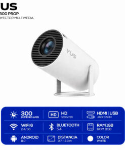 PROYECTOR MULTIMEDIA YUS HY300 PROP, 300 LUMENES ANSI, HD(1280X720), HDMI, USB, JACK 3.5MM, WIFI 6(2.4/5G), BLUETOOTH(5.4), RAM 1GB, ROM 8GB, ANDROID 11.0, DISTANCIA 0.7-3.3 M, WHITE