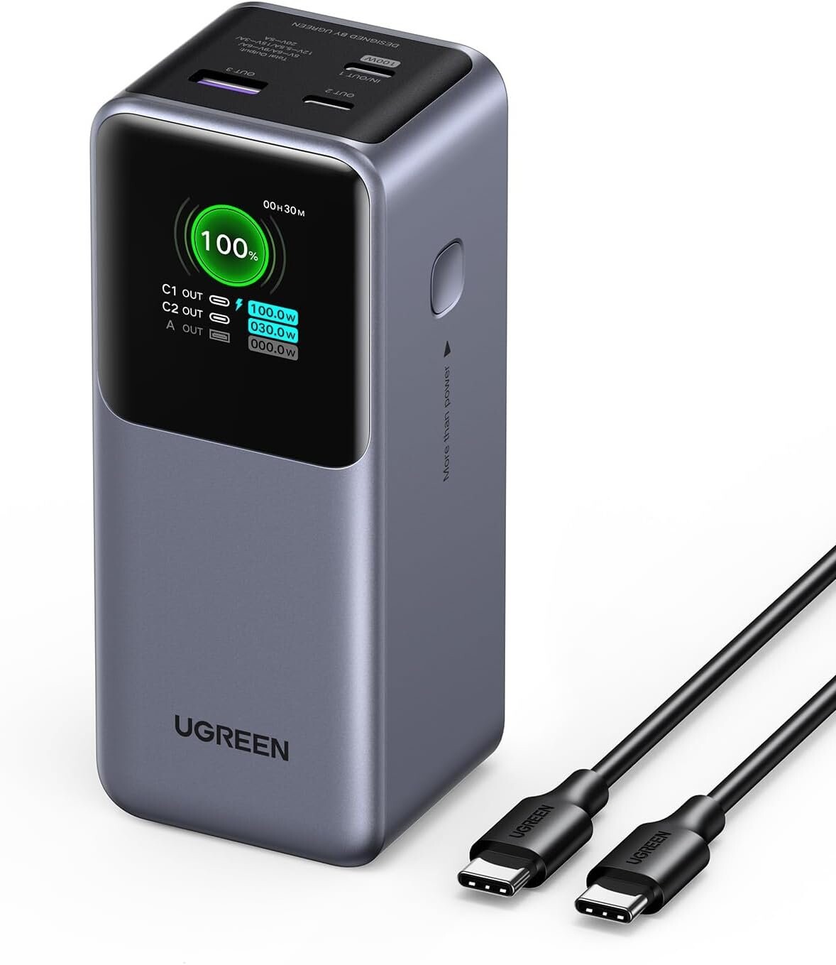POWER BANK UGREEN NEXODE PB722 25000MAH 200W CARGA RÁPIDA, 2 USB-C + USB-A, PANTALLA TFT