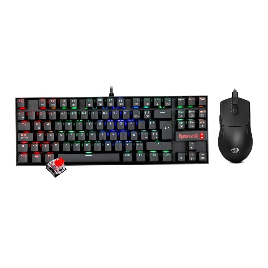 KIT 2 EN 1 REDRAGON GAMING ESSENTIALS S145 SP, SWITCH RED, TECL. MECANICO KUMARA WIRED 80% (EN ESPAÑOL)+ MOUSE K1NG M724, BLACK