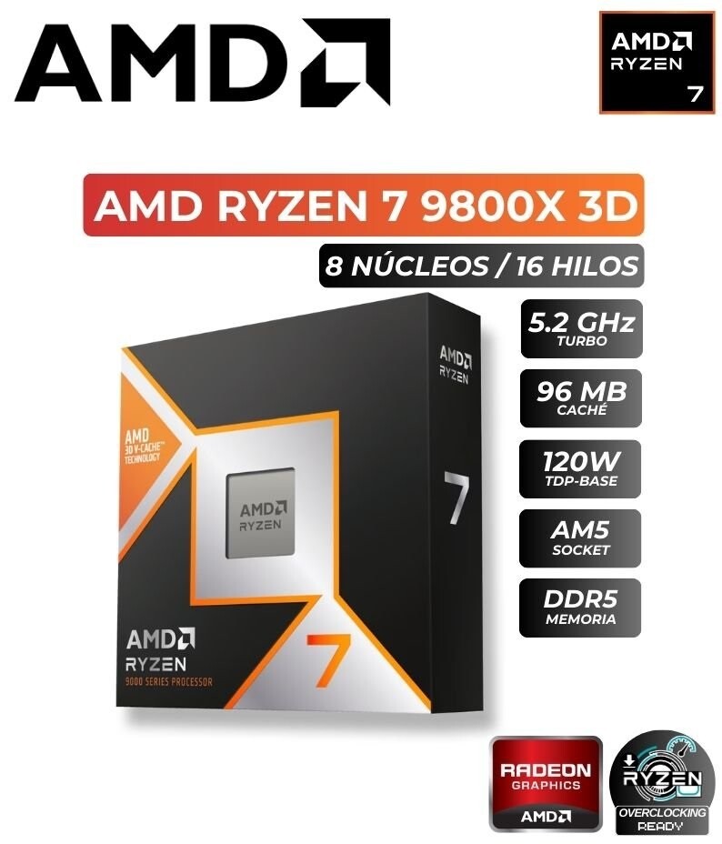 PROCESADOR AMD RYZEN 7 9800X3D 5.2/4.3GHZ, 104MB CACHE, AM5