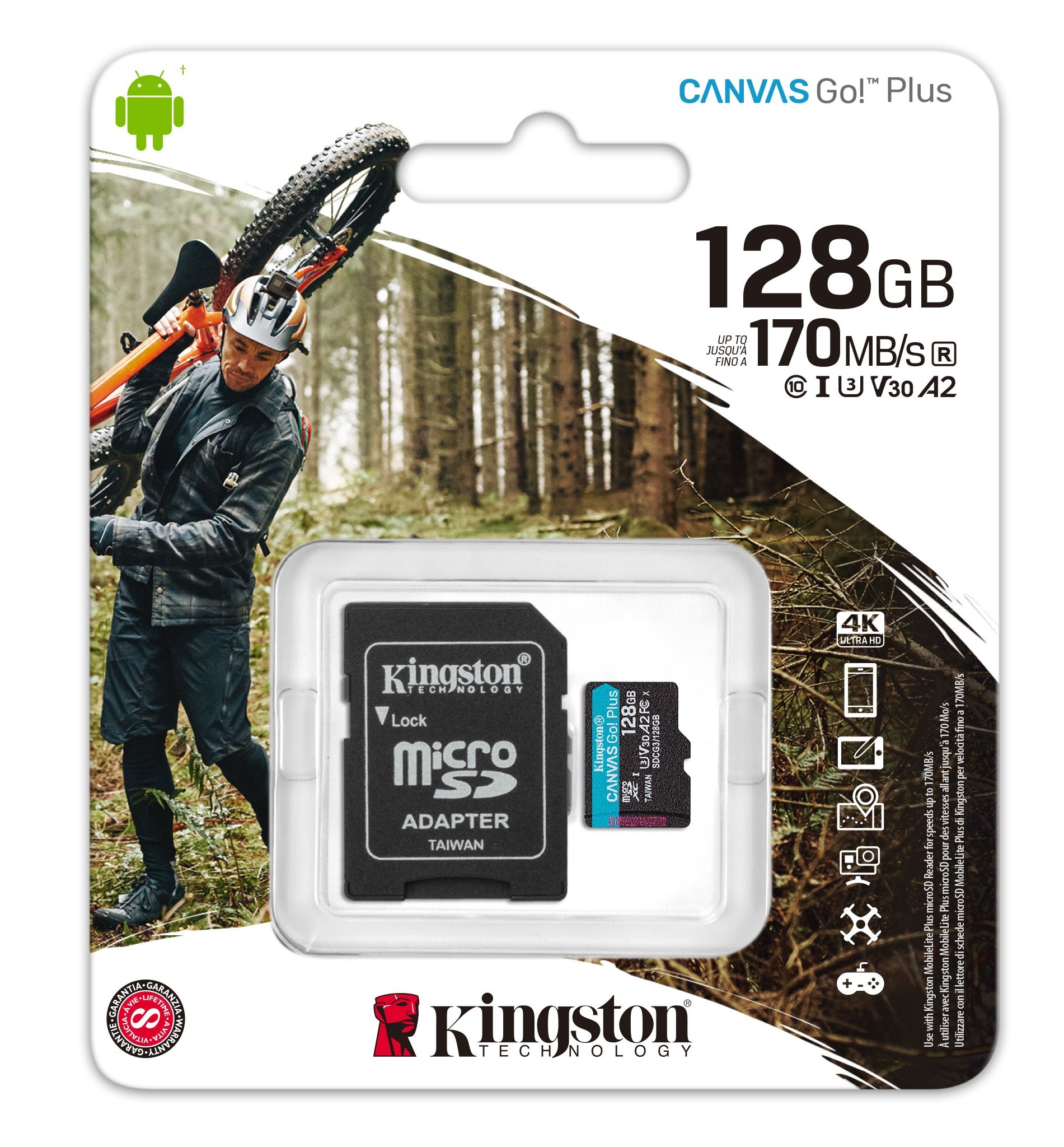 MEM. MICRO SD KINGSTON 128GB CANVAS GO PLUS 200MB/S C/ ADAPTADOR
