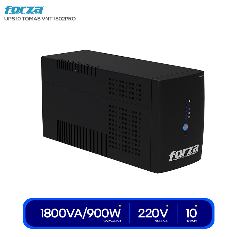 UPS FORZA NT-1802PRO, INTERACTIVO, 1800VA/900W 220V, 6+4 TOMAS (PROTEC. SOBRETENSION + BATERIA), AVR, 1 PUERTO USB-B (COMUNICACIÓN), DISYUNTOR DE ENTRADA, PROTECCION RJ45-11